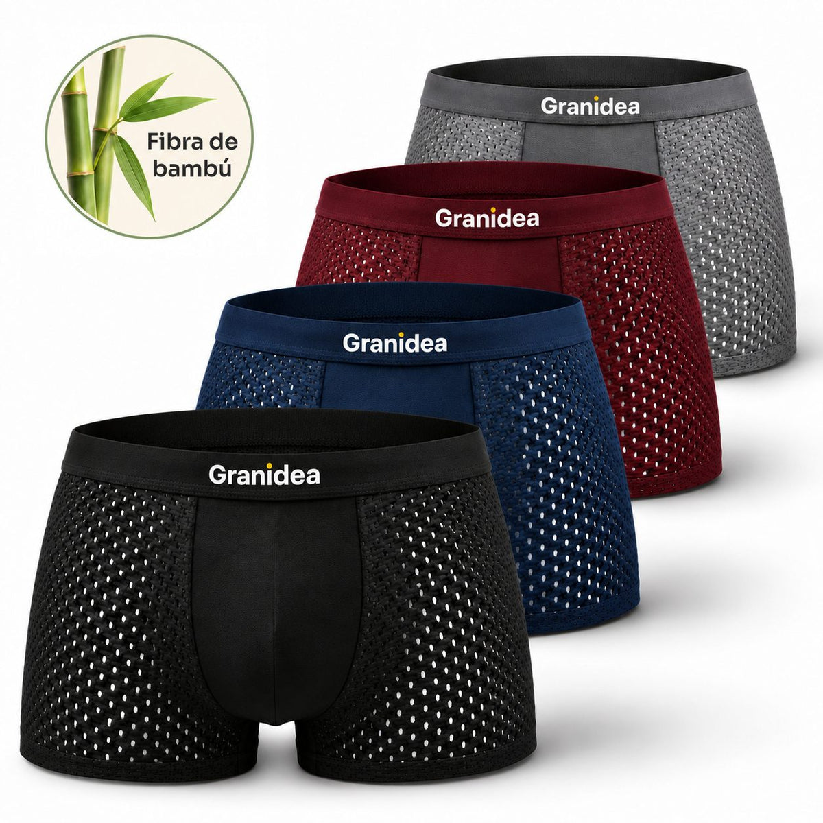 Pack de 4 bóxers de bambú Granidea en negro, azul, bordó y gris