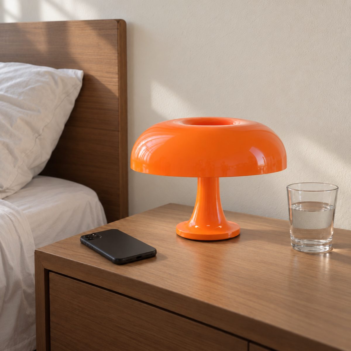 Lámpara hongo naranja Granidea apagada sobre una mesa de luz de día, como objeto de decoración
