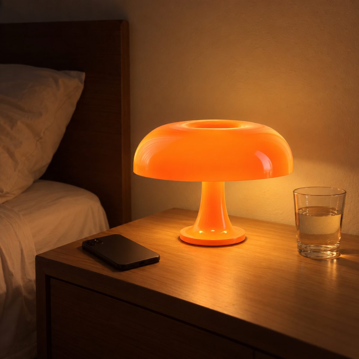 Lámpara hongo naranja Granidea prendida en luz cálida sobre una mesa de luz de noche