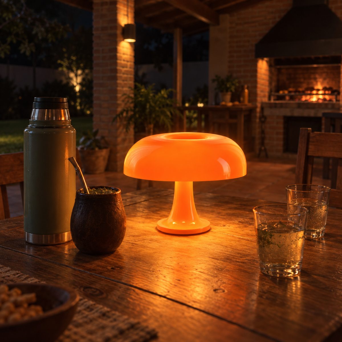 Lámpara hongo naranja Granidea recargable prendida en la mesa de un quincho de noche