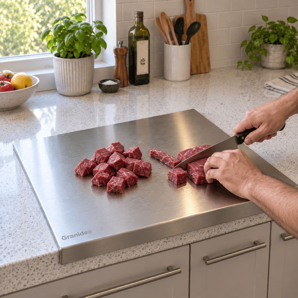 Cortando carne sobre la tabla de picar de acero inoxidable Granidea en la mesada