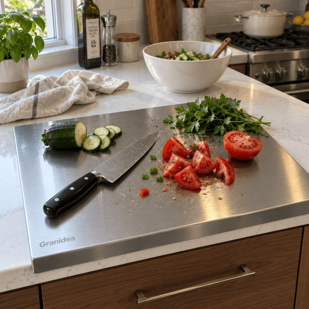 Tabla de picar de acero inoxidable sobre la mesada de la cocina con pepino y tomate cortados